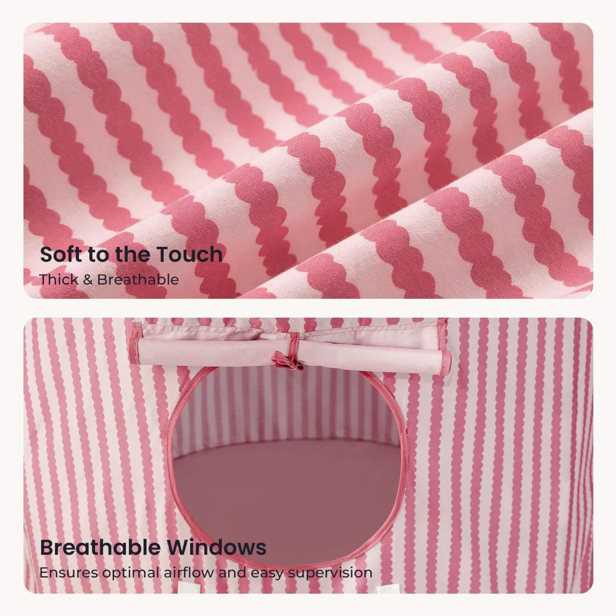 Pink and white striped pet house fabric close-up with text overlays highlighting soft, breathable material and breathable windows.