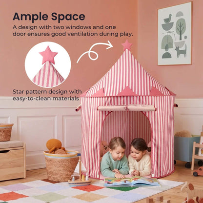 Tiny Land® Kids Tent - Pink, shown in a playroom with two children inside reading on the floor. The image includes marketing text and a circular detail inset explaining the star design and ventilation windows.
