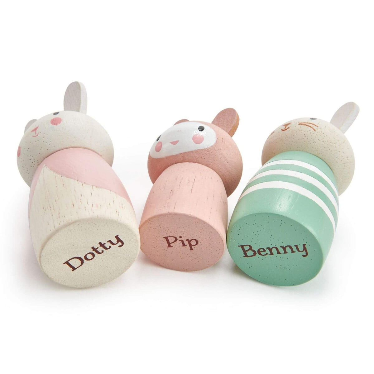 Three wooden toys with names 'Dotty', 'Pip', and 'Benny' on a white background