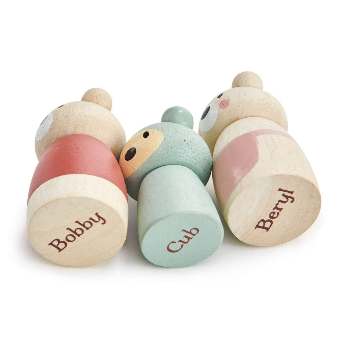 Set of wooden toys with names 'Bobby', 'Cub', and 'Beryl' on a white background