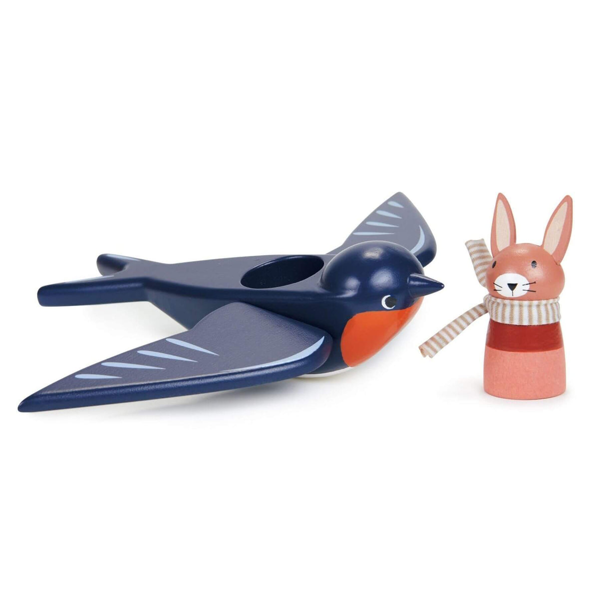 A wooden toy set featuring a swallow-shaped bird with wings and a small rabbit figure wearing a striped scarf, photographed on a clean white background.