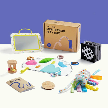 Montessori educational toys and materials on a white surface with a blue background