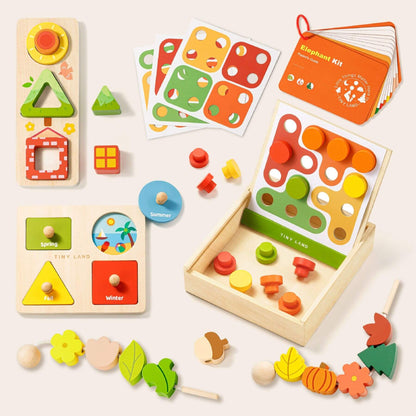 Collection of wooden educational toys for children on a white background