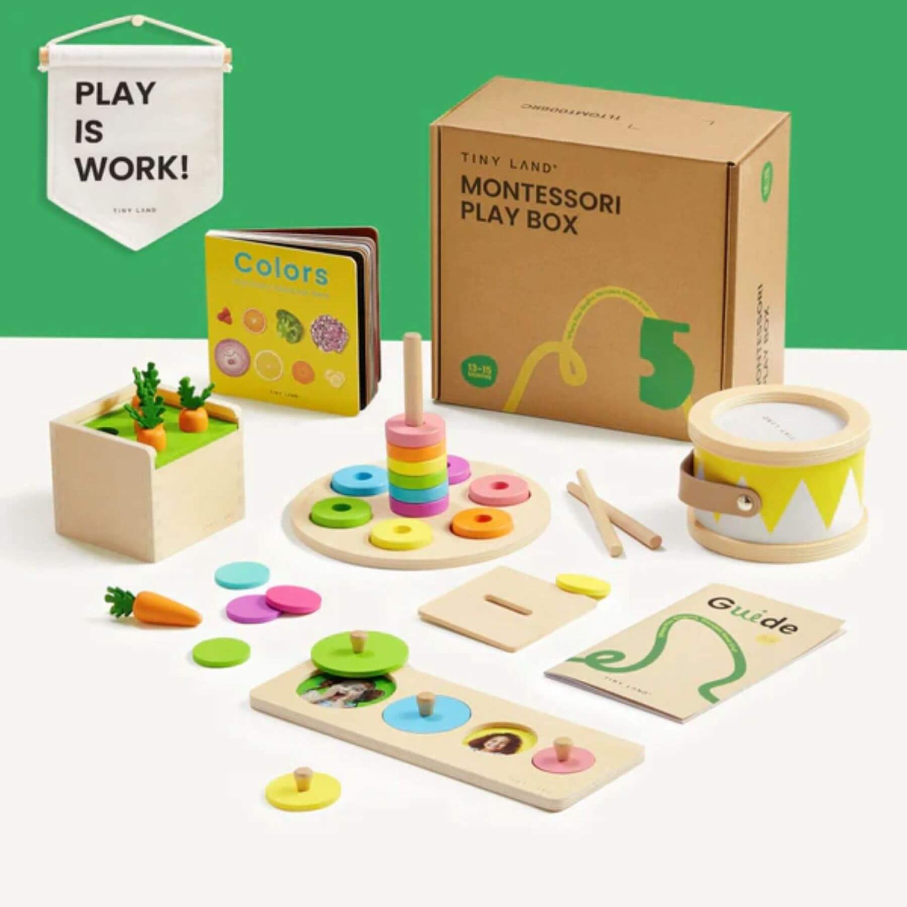 Montessori educational toys and materials on a white surface with a green background