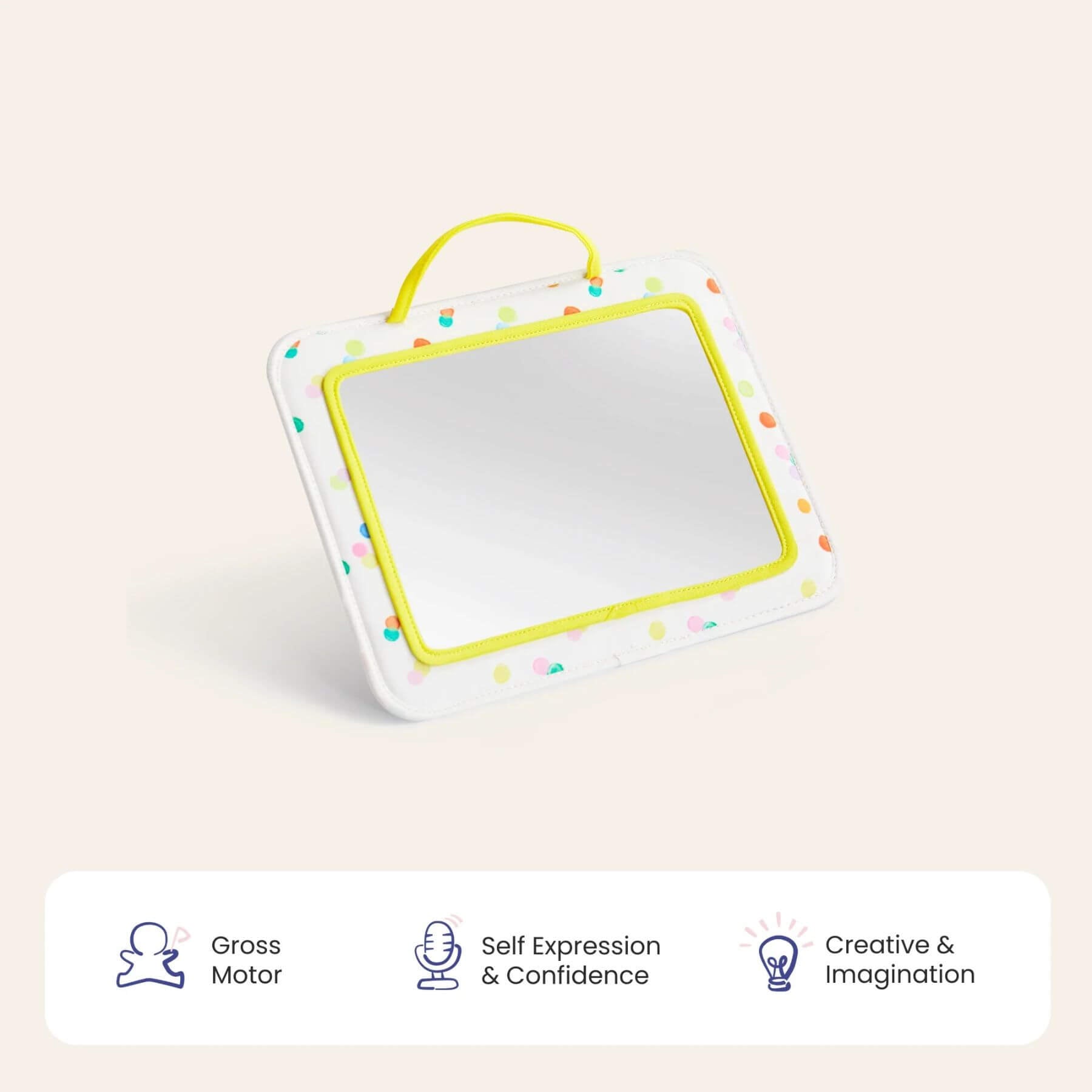 Children's drawing board with colorful border on a beige background