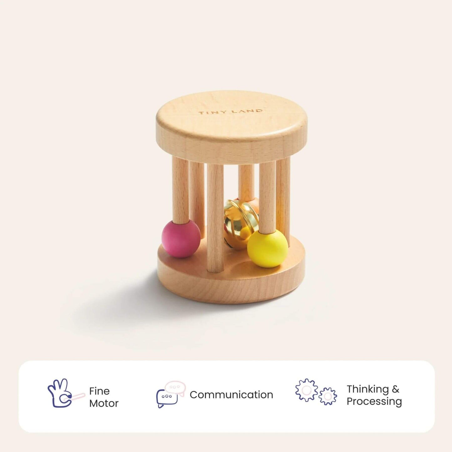 Wooden baby toy with colorful beads on a light beige background