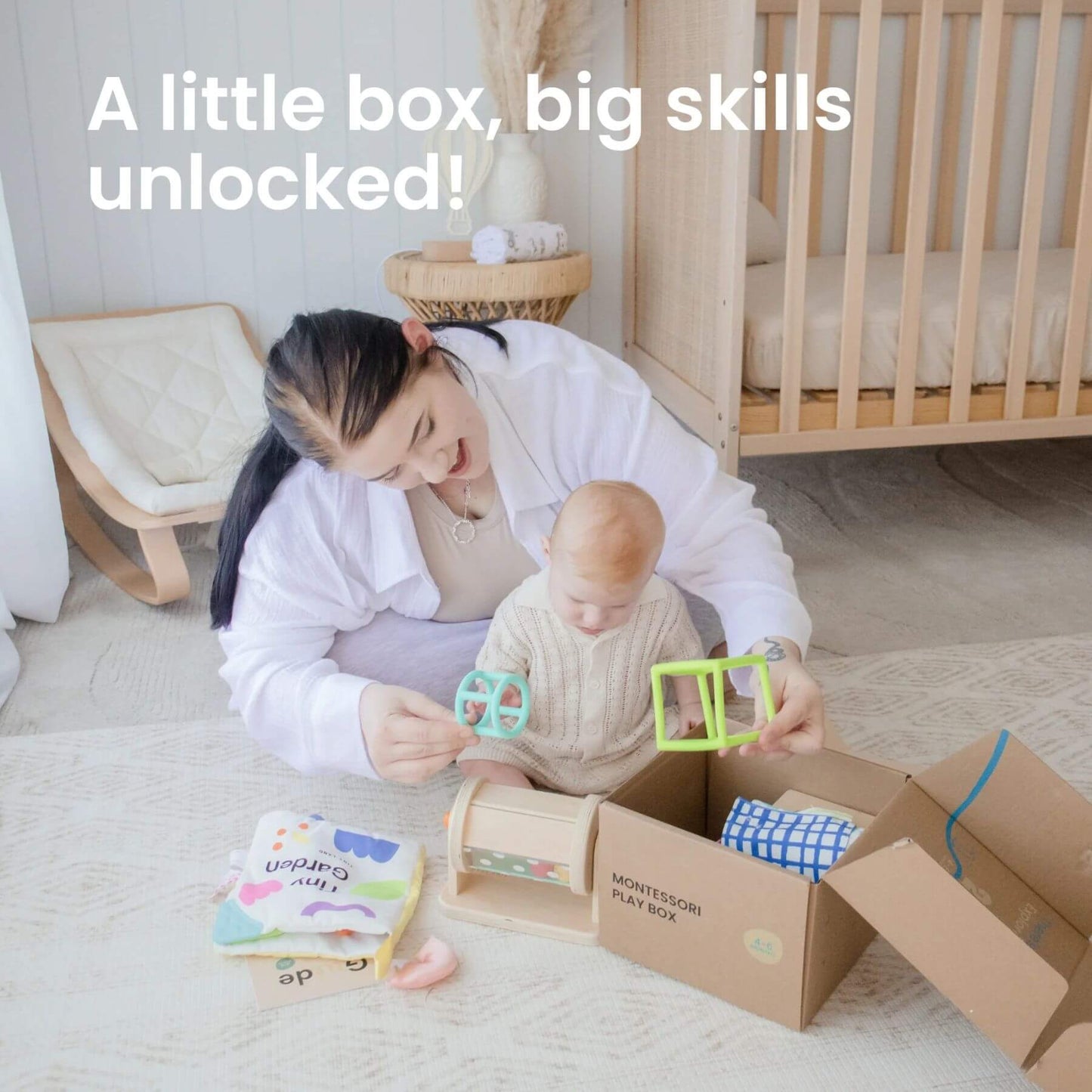 Woman and baby playing with educational toys in a nursery