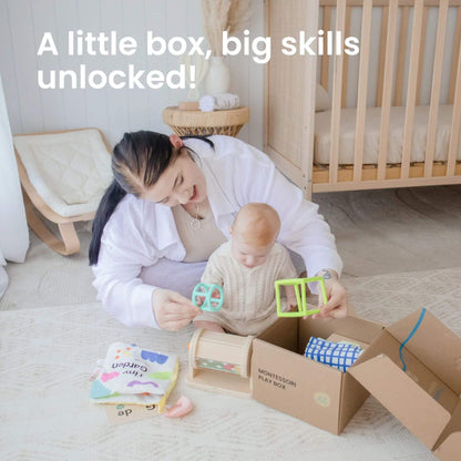Woman and baby playing with educational toys in a nursery