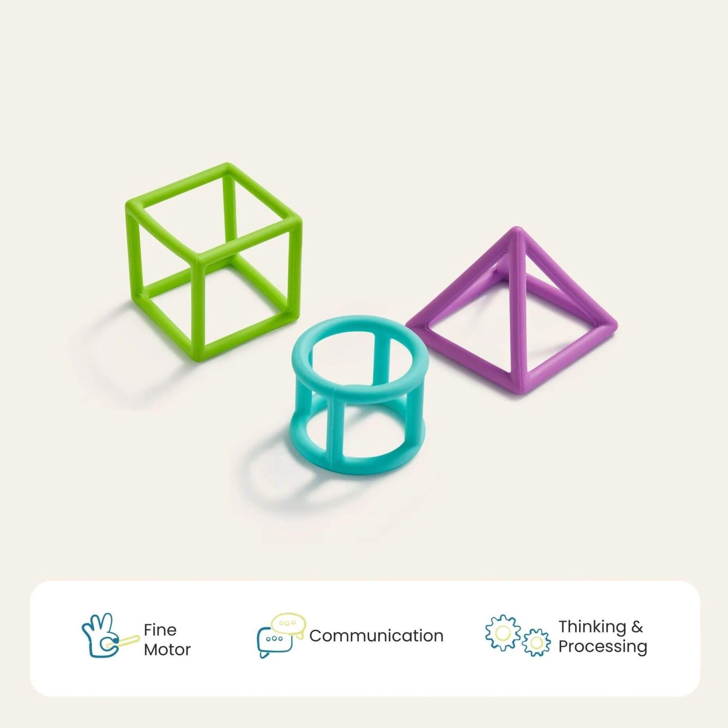 Three colorful 3D geometric shapes on a light background with developmental benefits text.