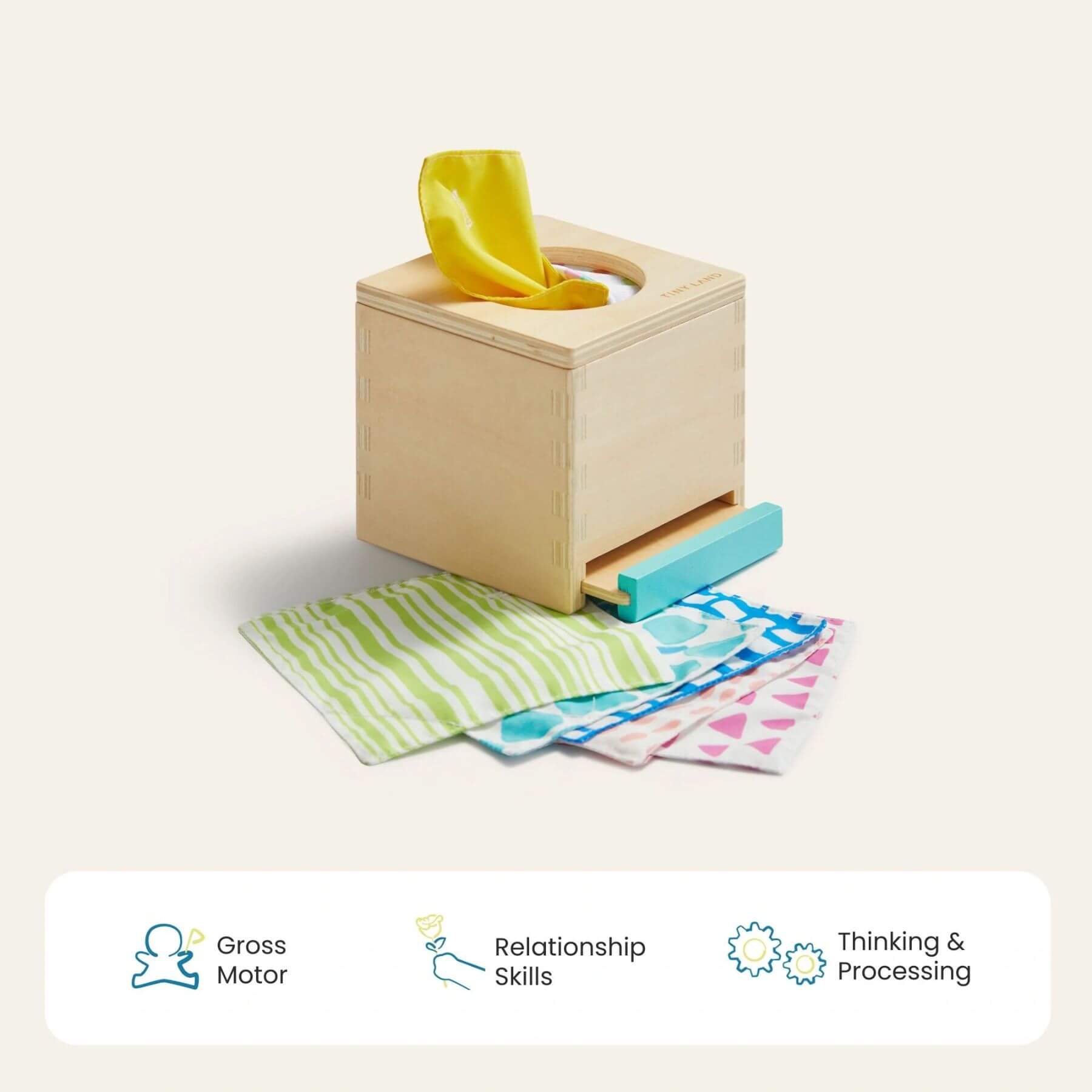 Wooden toy with colorful components on a light background