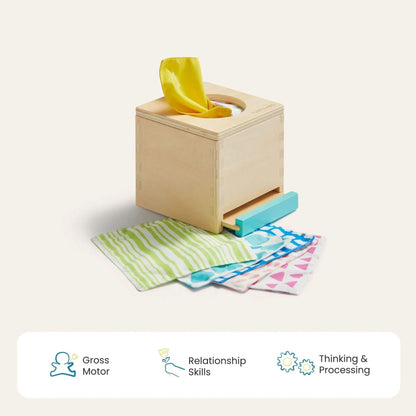 Wooden toy with colorful components on a light background