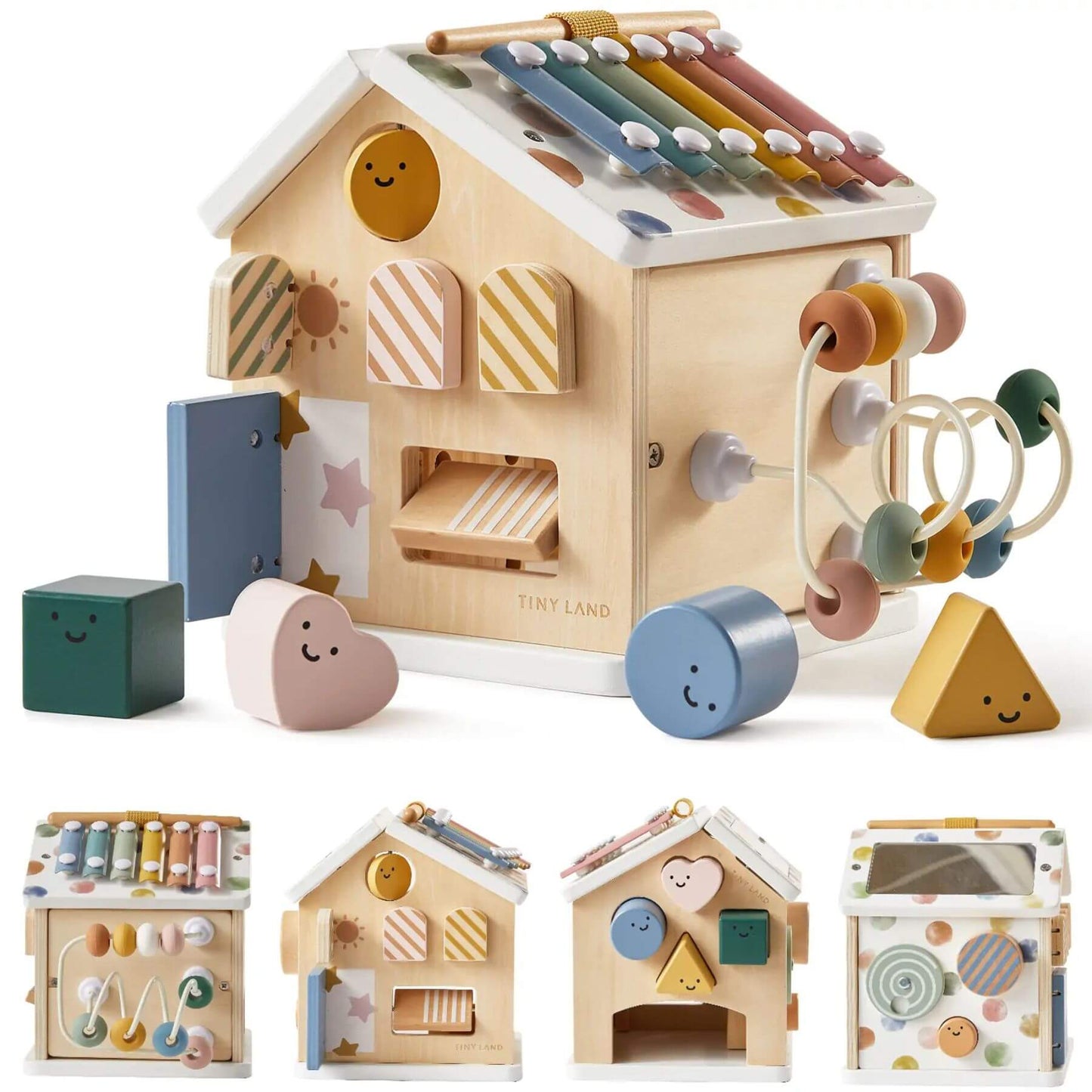 Set of wooden toys including a house-shaped xylophone, beads, and geometric blocks on a white background.