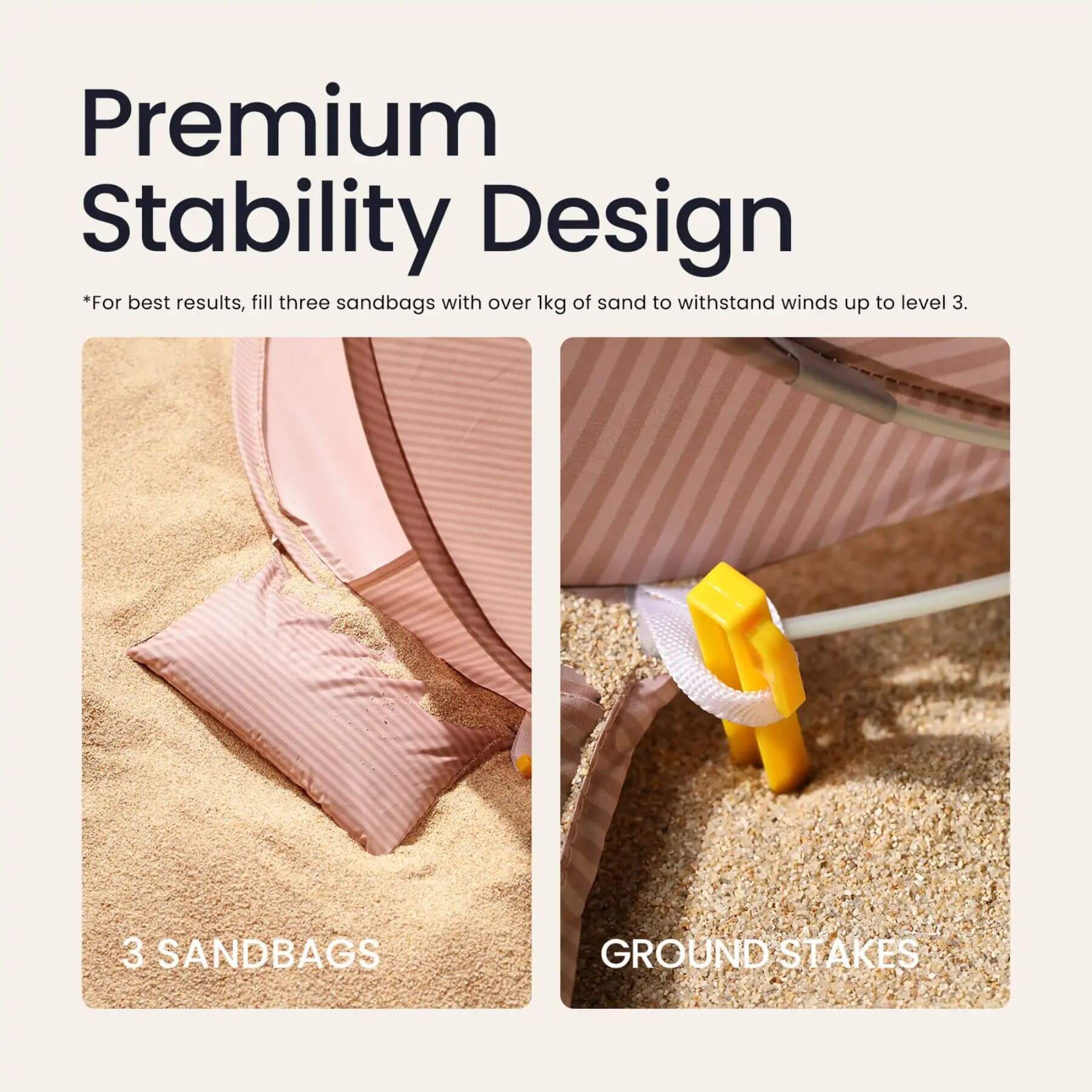 Advertisement for premium stability design with sandbags and ground stakes on a sandy background.