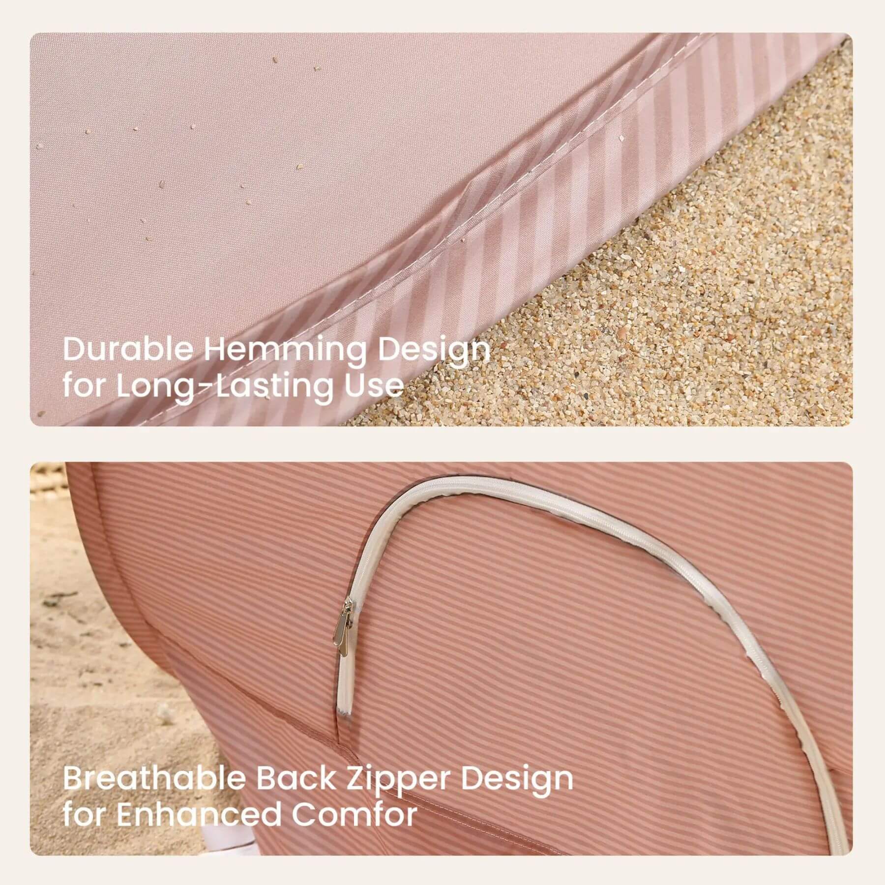 Product with durable hemming design and breathable back zipper on a textured background