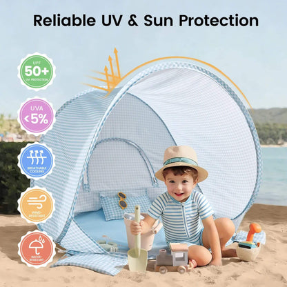 Child playing under a beach tent with UV protection features displayed on screen