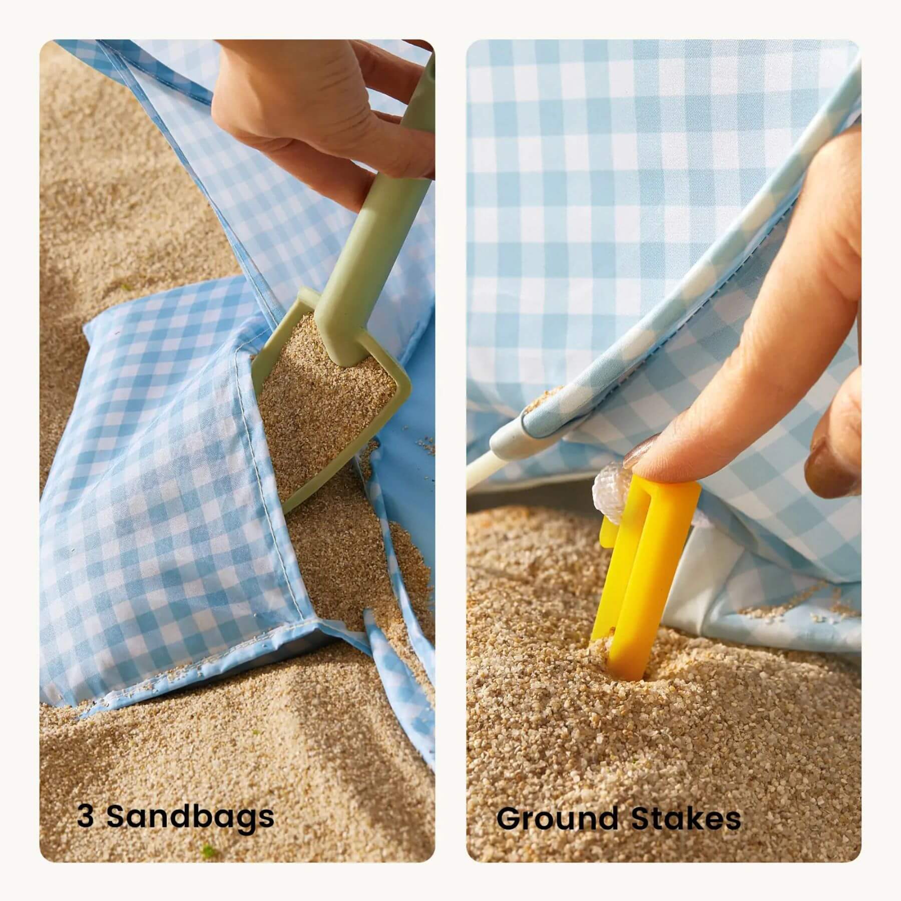 Collage showing sandbags and ground stakes being used to secure a blue checkered fabric on sand.