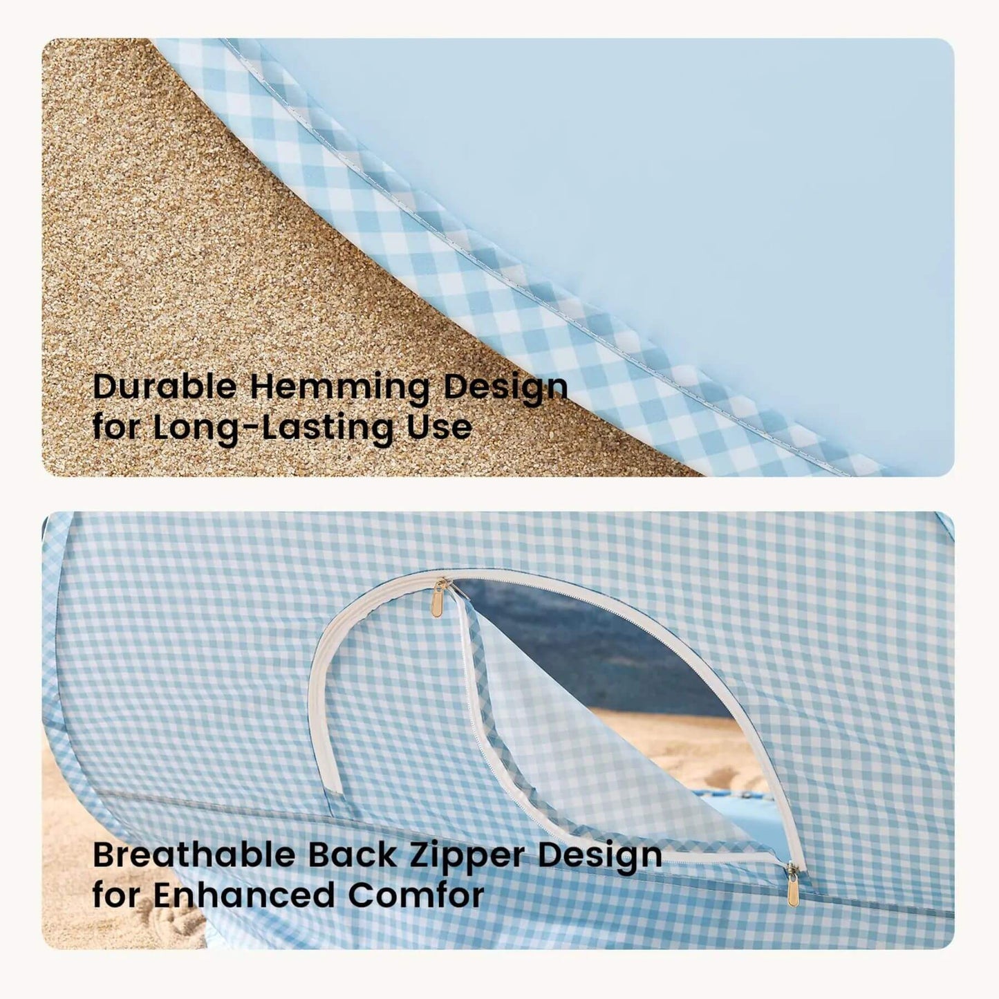 Text on durable hemming design and breathable back zipper design for a product.
