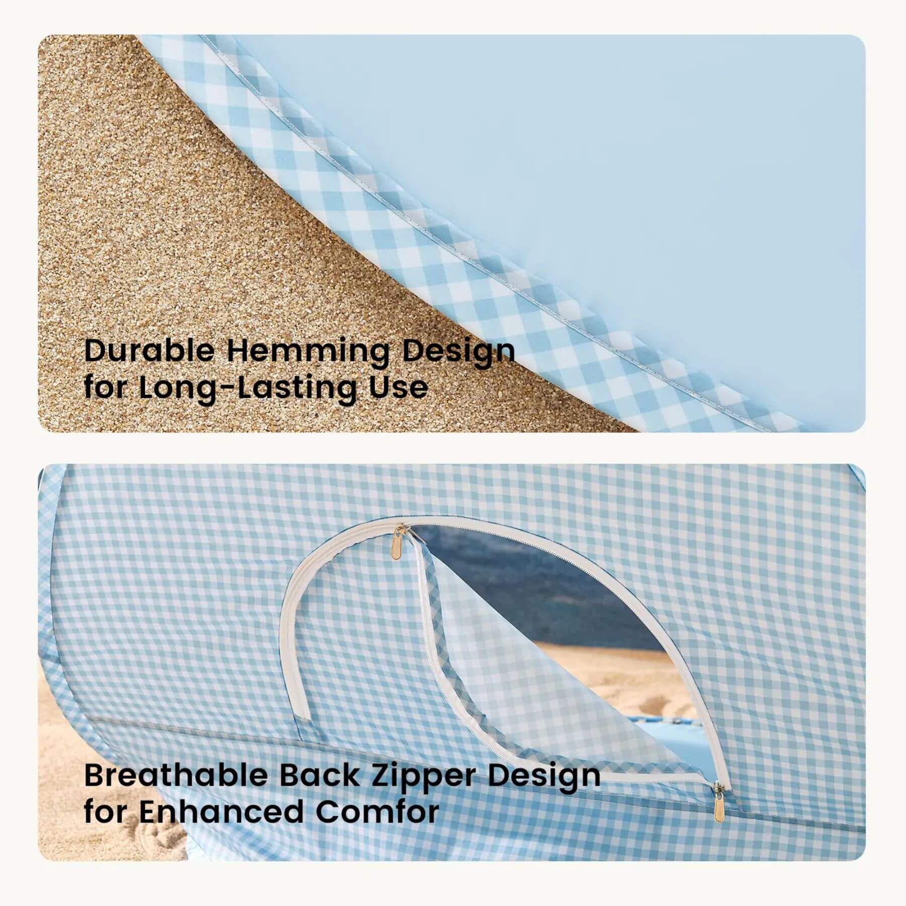 Text on durable hemming design and breathable back zipper design for a product.