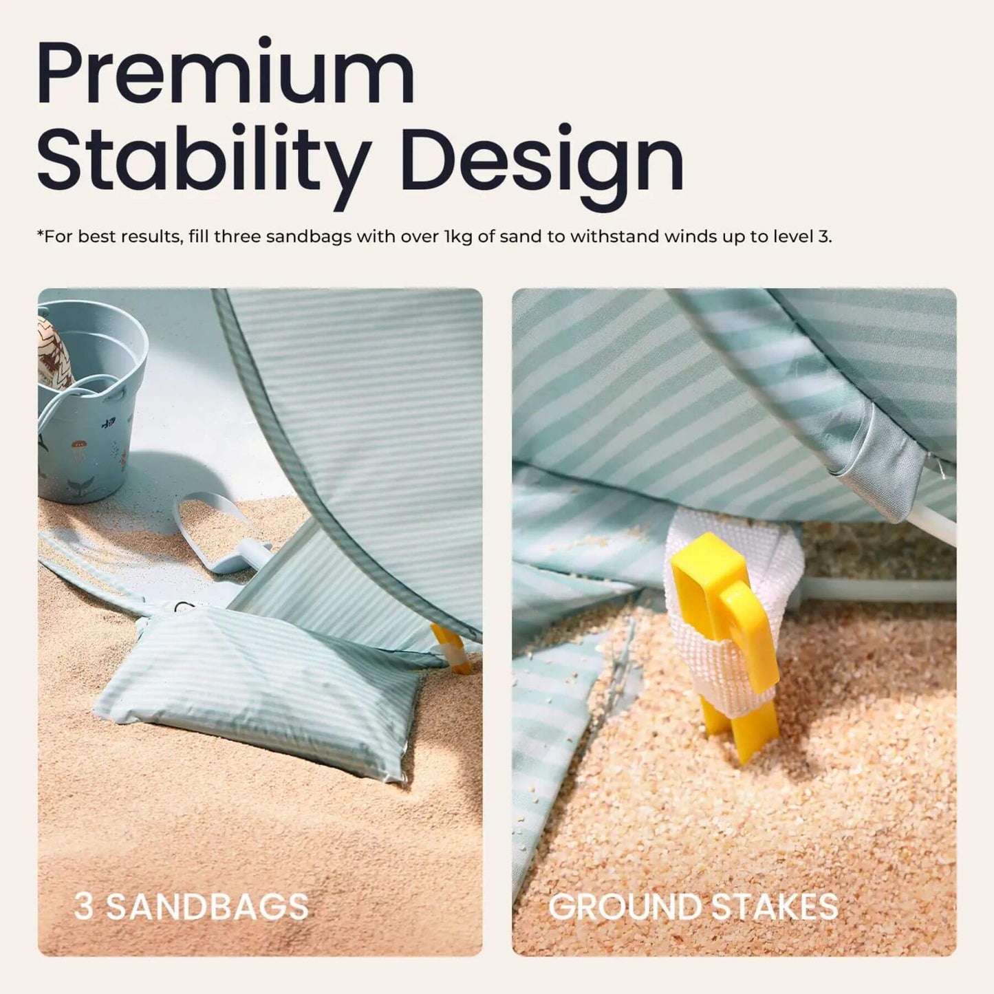 Product advertisement for sandbags and ground stakes with text on stability design.