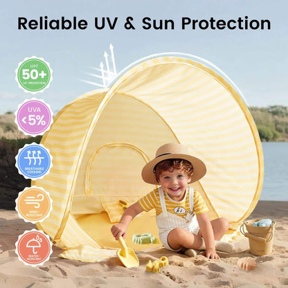 Child playing under Tiny Land® One-Stop Beach Toy & Tent Set – Pastel Yellow Stripes with text about UV and sun protection.