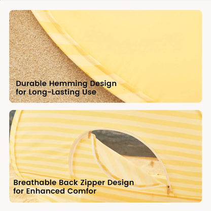 Two images showing a durable hemming design and a breathable back zipper design on a yellow fabric background.