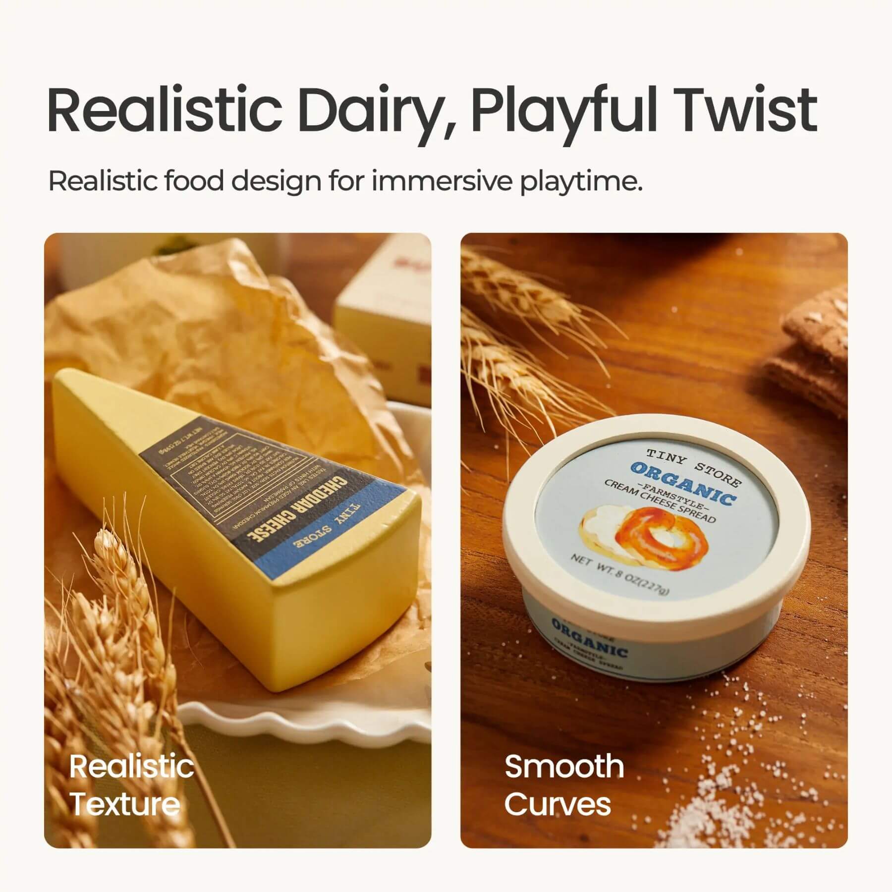 Two images of dairy products with text describing realistic texture and smooth curves.