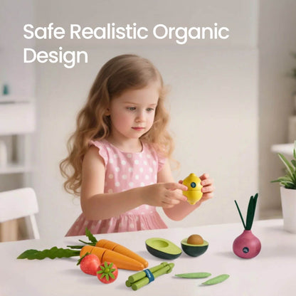 Child playing with toy fruits and vegetables on a table, with text 'Safe Realistic Organic Design'.