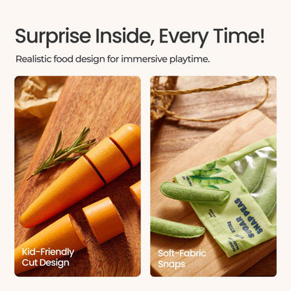 Realistic food design for immersive playtime with carrots and fabric snacks on a wooden surface.