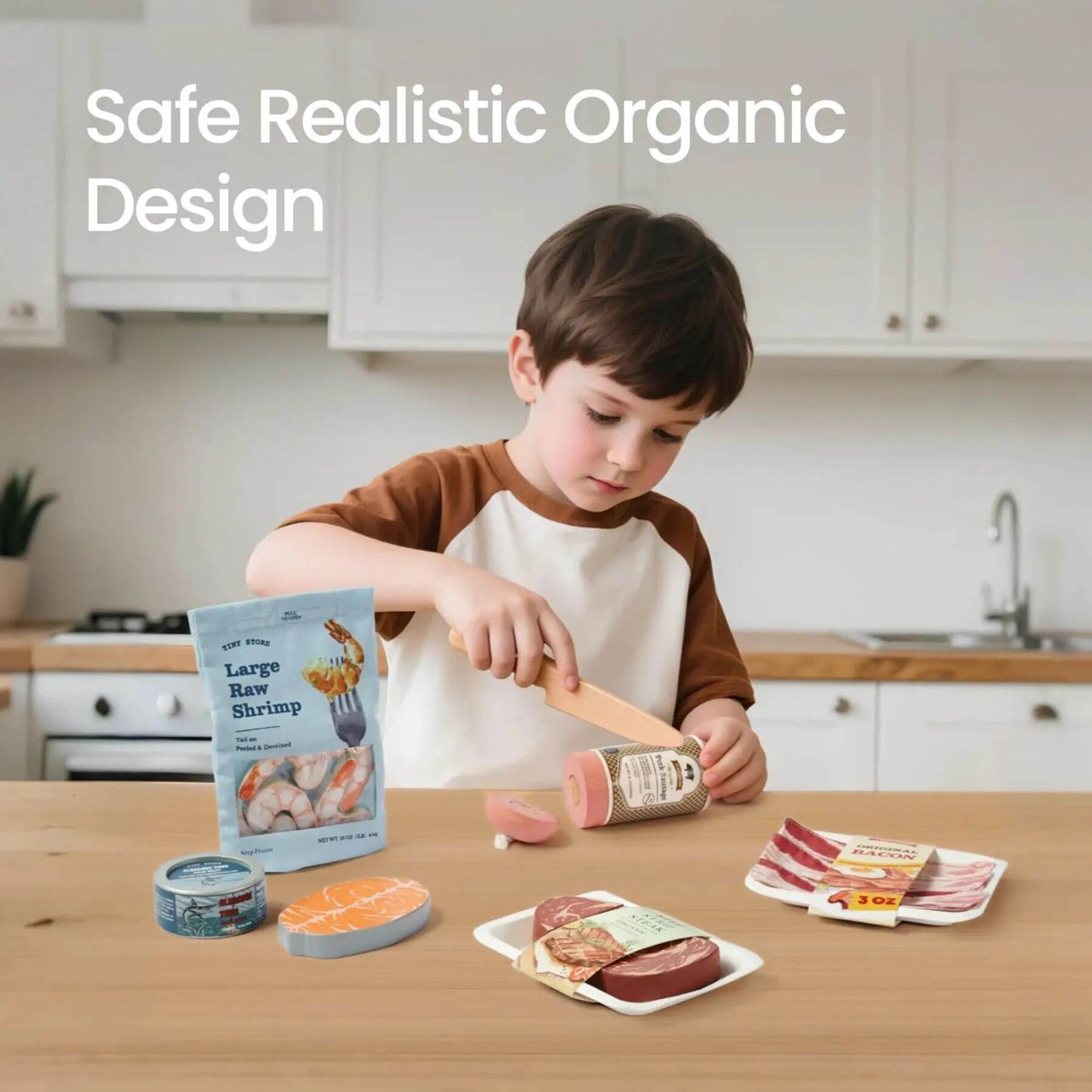 Child playing with Tiny Land® Organic Meat & Seafood Pack in a kitchen setting, emphasizing safe and realistic organic design.