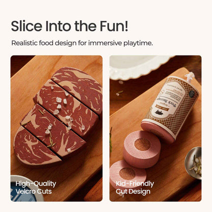 Realistic food design with sliced meat and a bottle on a wooden surface, labeled 'Slice Into the Fun!'.