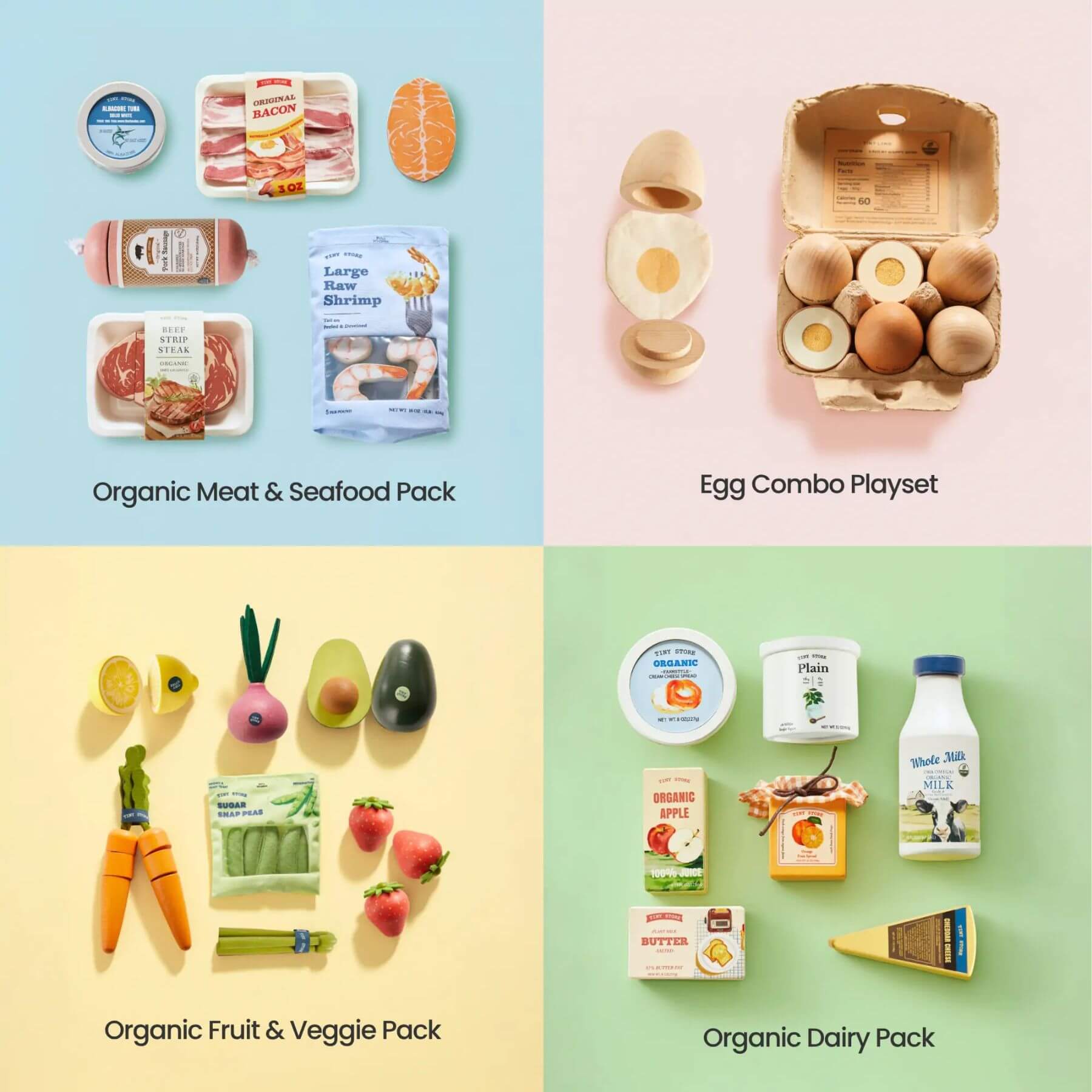 Collection of organic food items including meat, seafood, eggs, fruits, vegetables, and dairy on a colorful background.