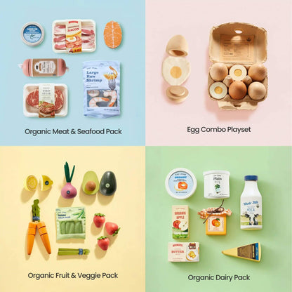 Collection of organic food items including meat, seafood, eggs, fruits, vegetables, and dairy on a colorful background.
