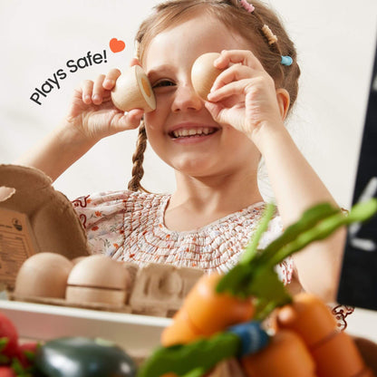Child playing with wooden toys and vegetables, with 'Plays Safe!' text.