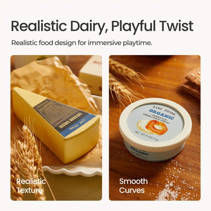 Two images of dairy products with text describing realistic texture and smooth curves.