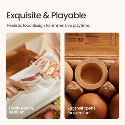 Realistic food design with fabric bacon and eggshell for immersive playtime.