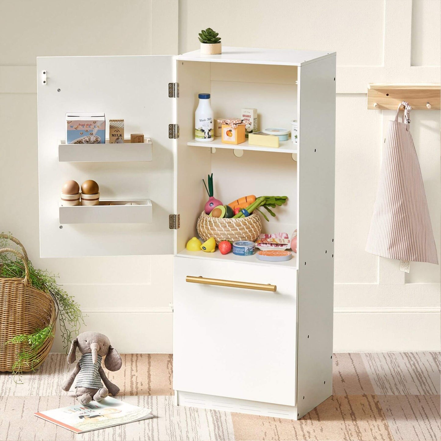 White cabinet with open doors displaying various items in a room.