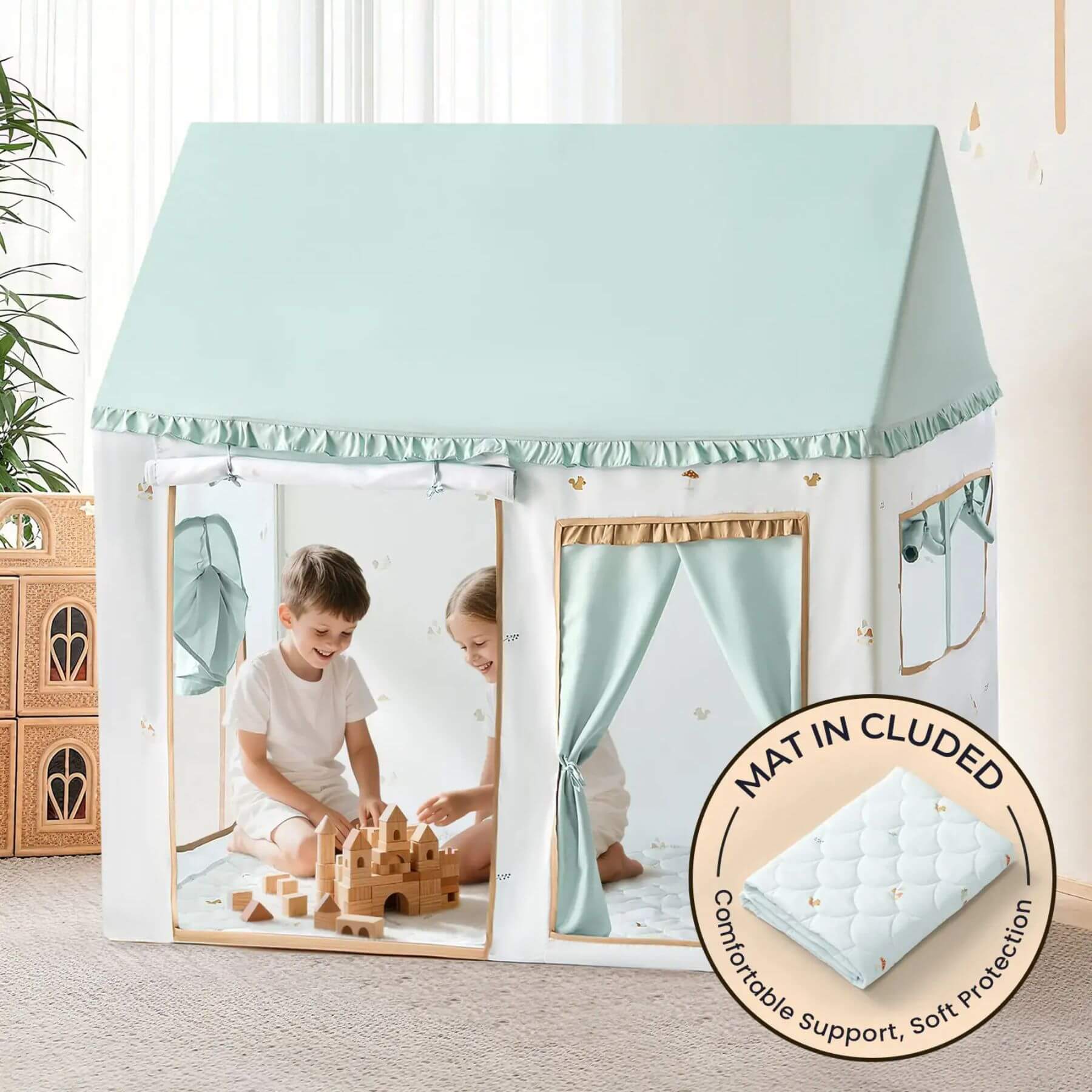 Tiny Land® Playhouse Tent, featuring two children playing inside.