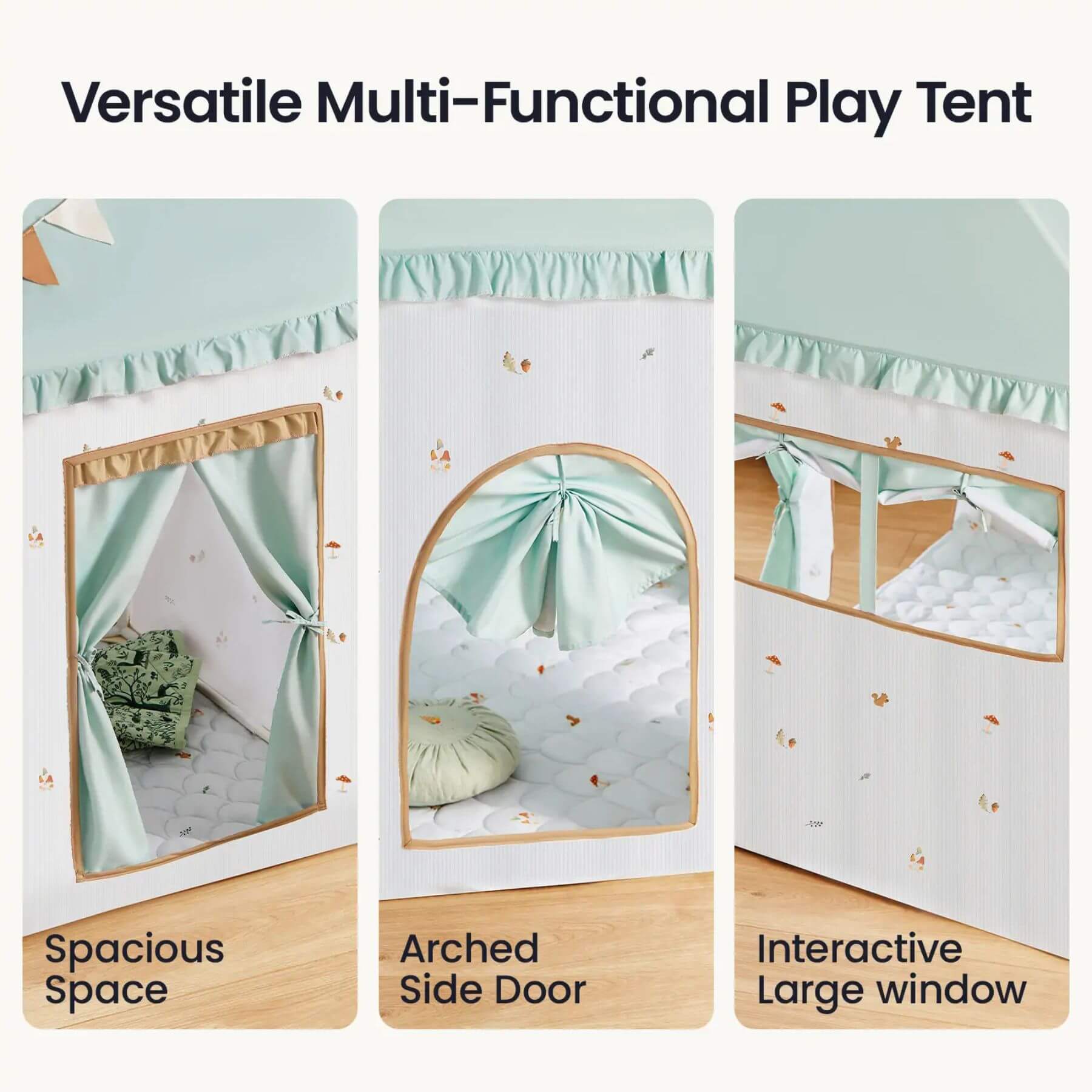Versatile multi-functional play tent with spacious space, arched side door, and interactive large window.