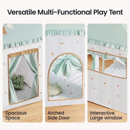 Versatile multi-functional play tent with spacious space, arched side door, and interactive large window.