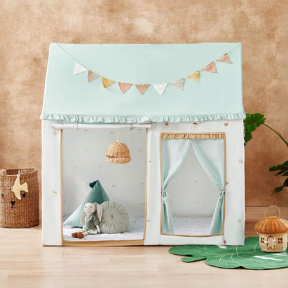 Tiny Land® Playhouse Tent, decorated with small flags and a mirror, on a wooden floor.