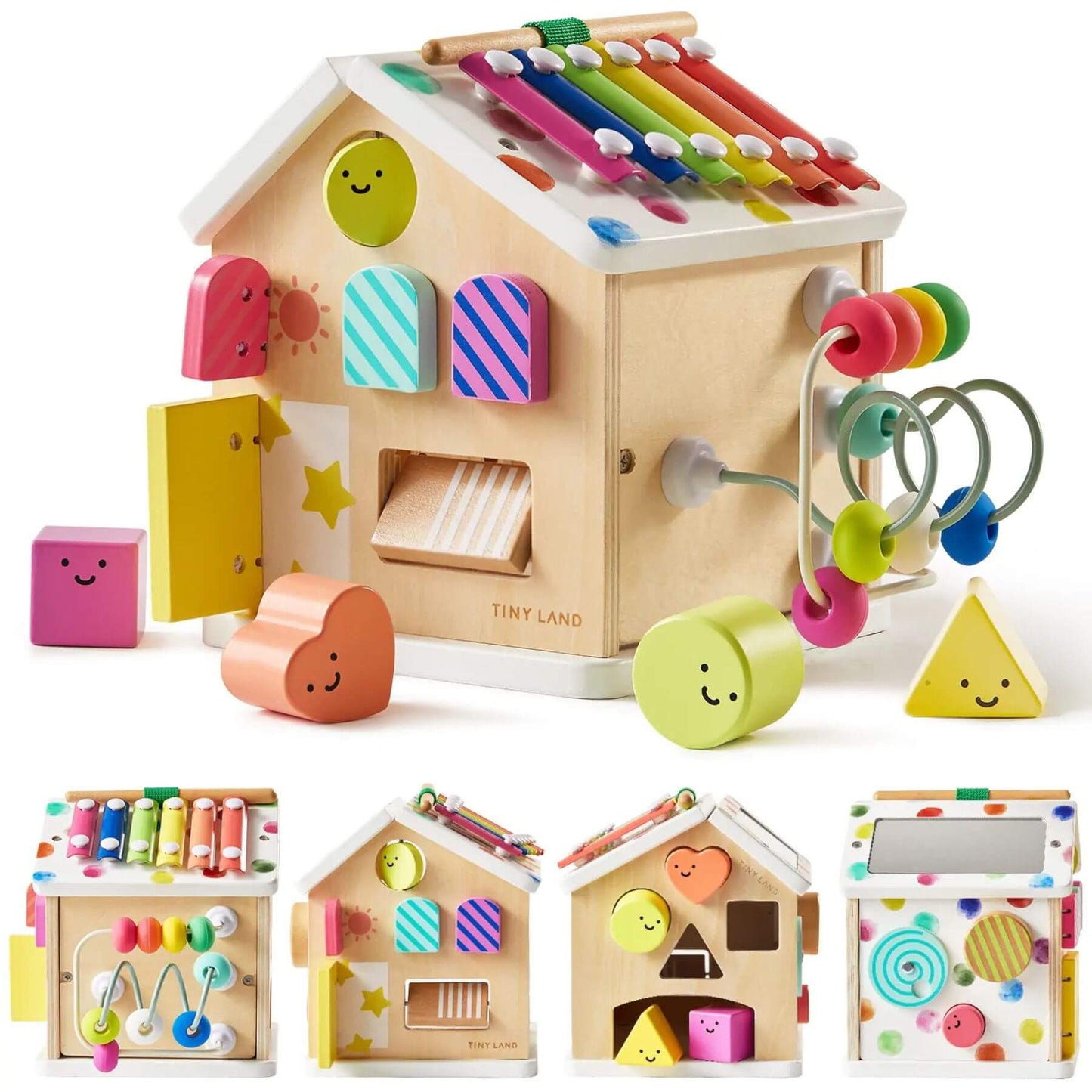 Wooden toy set with colorful beads and shapes on a white background