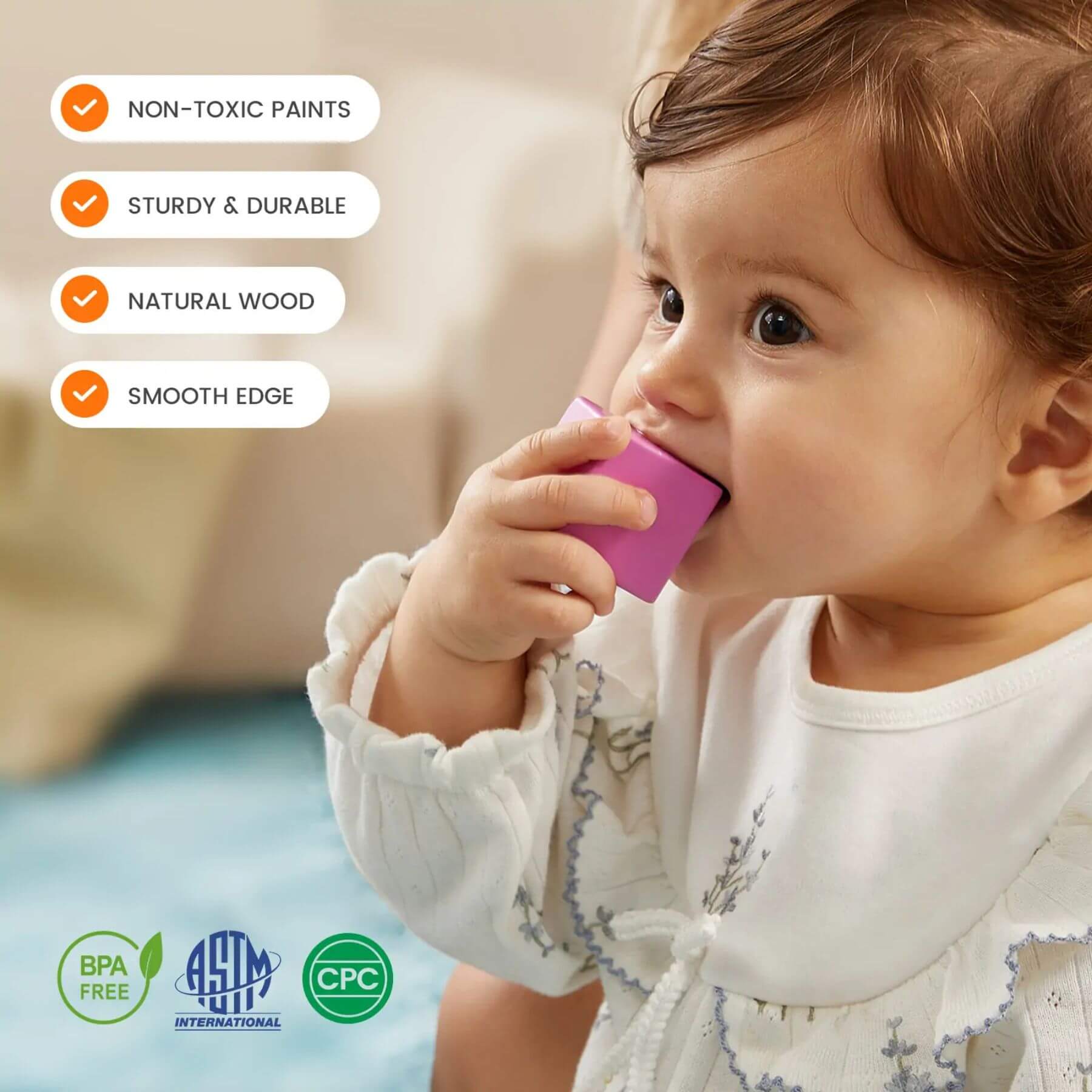 Child playing with a pink wooden toy, with product features listed above.