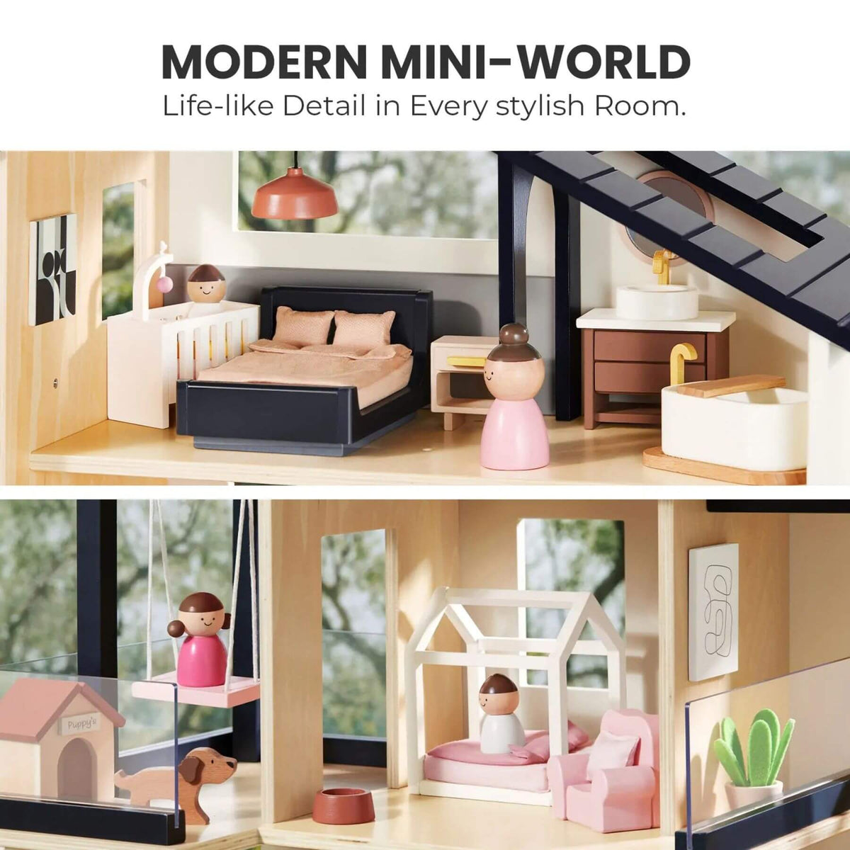 Model room setup with furniture and decor, featuring a bed, desk, and small house.