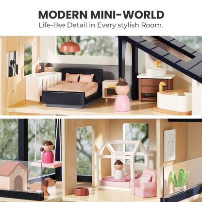Model room setup with furniture and decor, featuring a bed, desk, and small house.