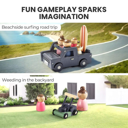 Toy truck with figurines on a road trip and in a backyard setting.