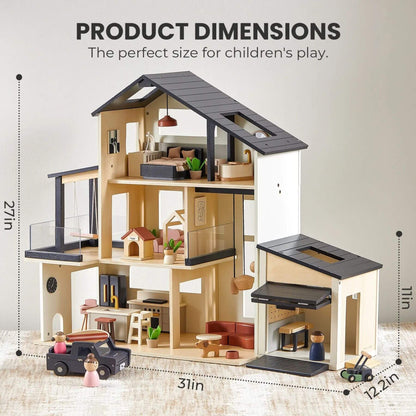 Dollhouse with furniture and toy cars, showing product dimensions on a neutral background.