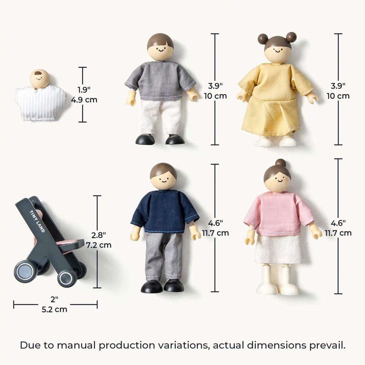 Set of toy figures with dimensions indicated on a white background