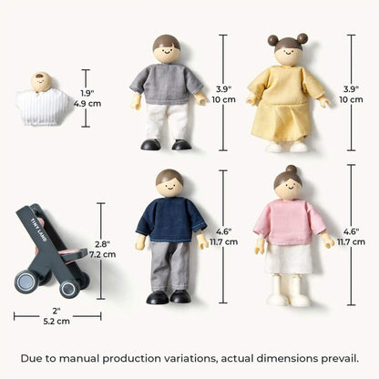 Set of toy figures with dimensions indicated on a white background