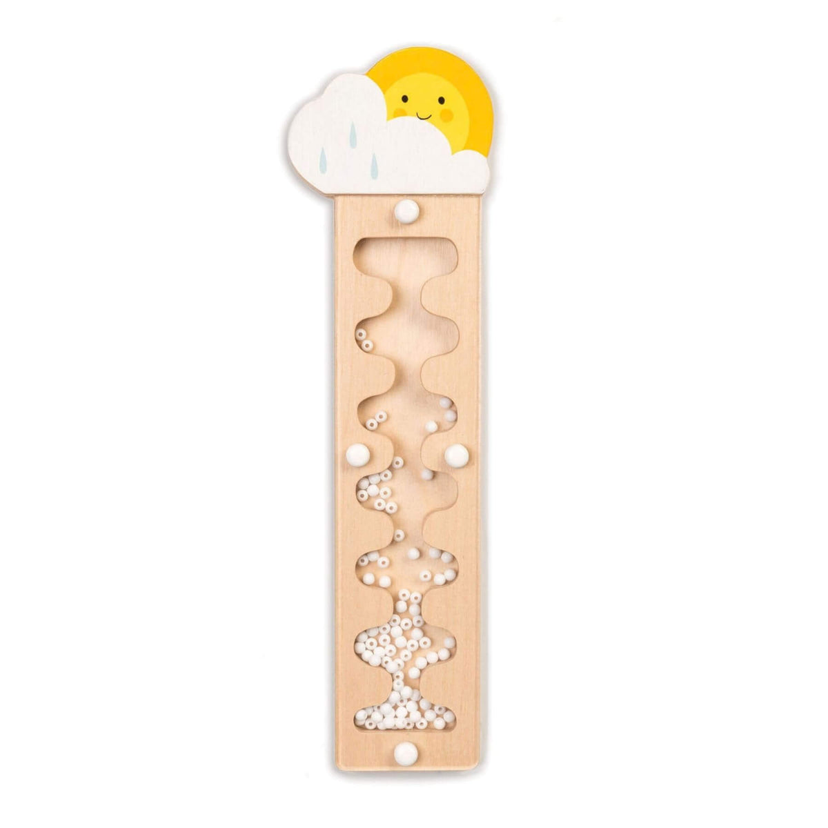 A wooden sensory bead maze toy with a weather-themed top featuring a smiling yellow sun and white cloud, shown on a plain white background.