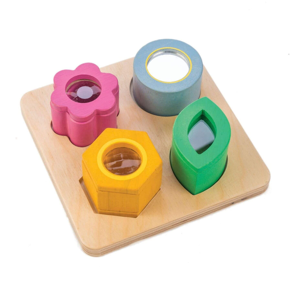 Colorful geometric shape sorting toy on a wooden base